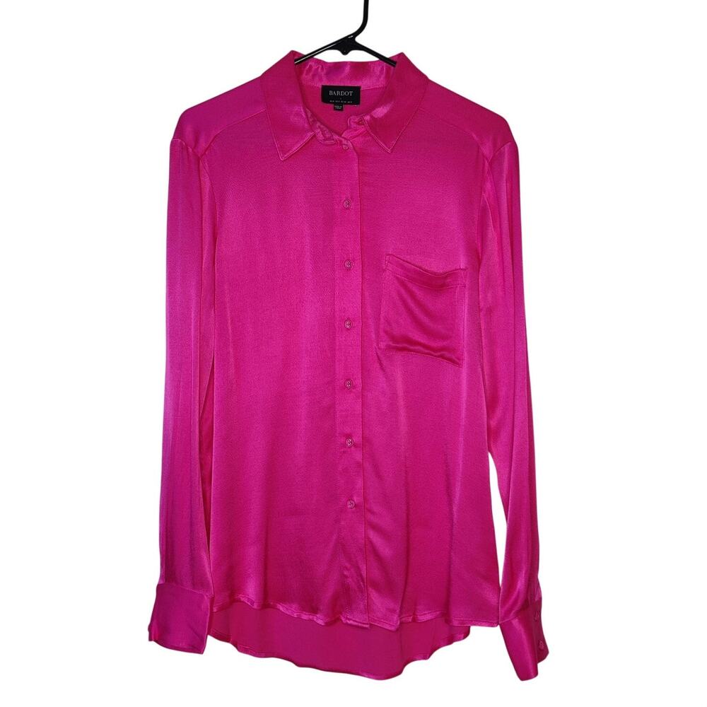 Bardot Hot Pink Satin Long Sleeve Button Up Shirt Small Preppy Feminine Coquette